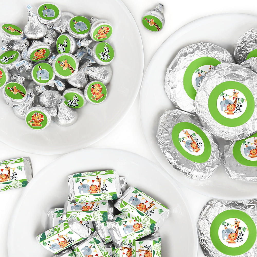 Jungle Party Animals - Mini Candy Bar Wrappers, Round Candy Stickers and Circle Stickers - Safari Zoo Animal Birthday Party or Baby Shower Candy Favor Sticker Kit - 304 Pieces