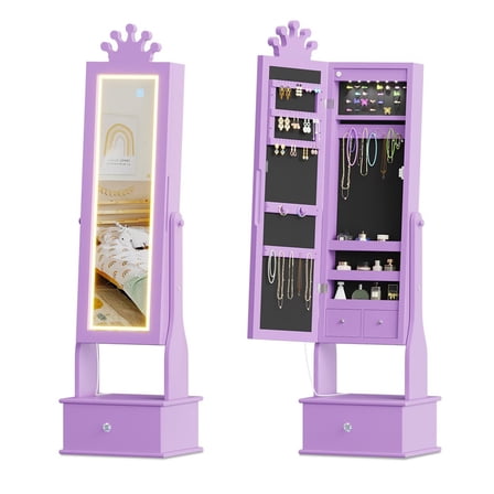 Kids Jewelry Armoire with LED Light, Full-Length Mirror & 3 Drawers - Freestanding Organizer & Vanity Cabinet for Girls' Dress-Up,Purple