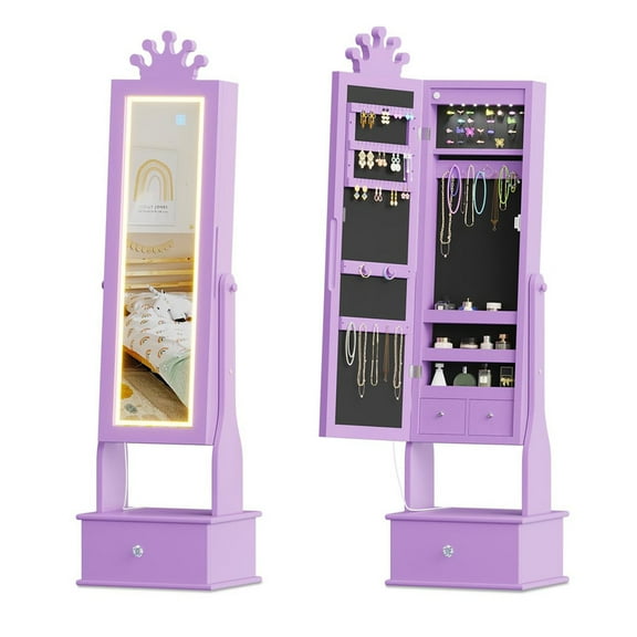 Kids Jewelry Armoire with LED Light, Full-Length Mirror & 3 Drawers - Freestanding Organizer & Vanity Cabinet for Girls' Dress-Up,Purple