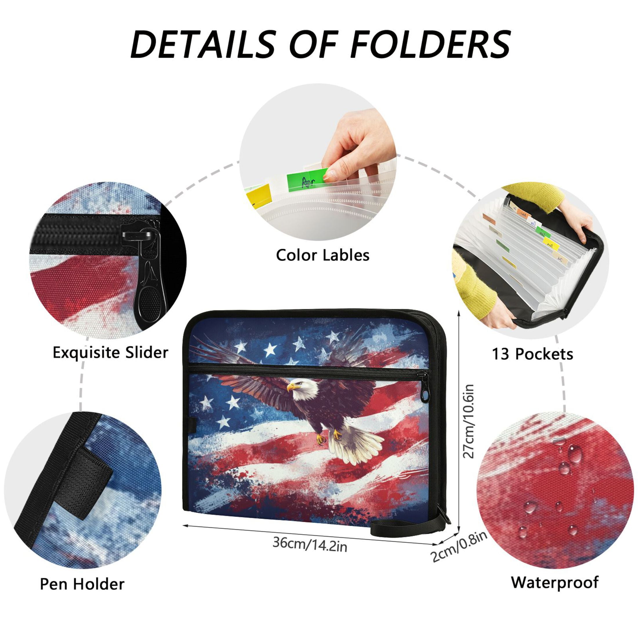 WOBOGO American Flag with Eagle Expanding File Folder Letter Size Accordion Filing Organizer 13 Pocket Separate Organ Pocket