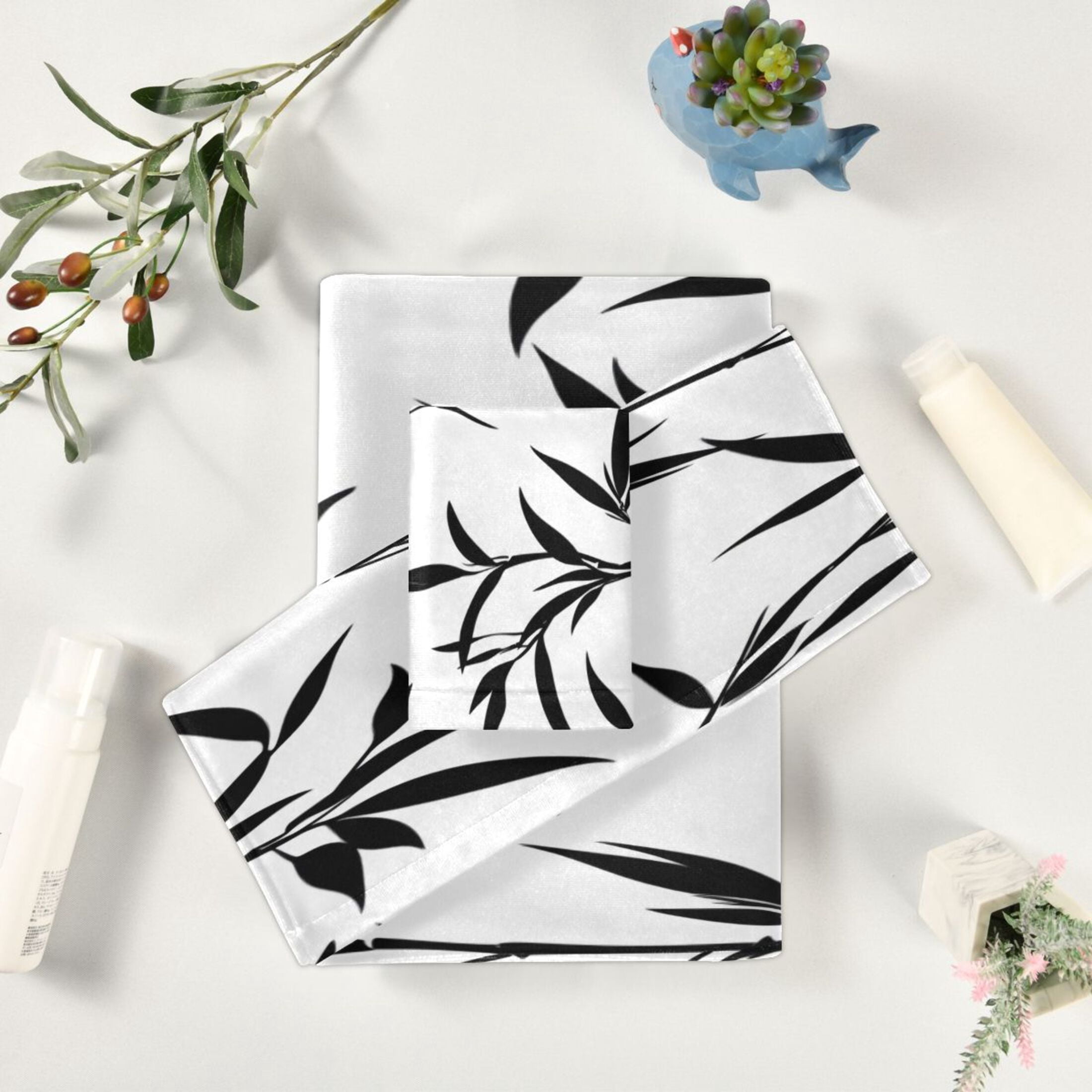 Three-Piece Towel Set Face Towel Towel Set Hand Towel Bath Towel Cotton Bath Towels Bath Towel Sets Hand Bath Towels Black Bamboo Leaves