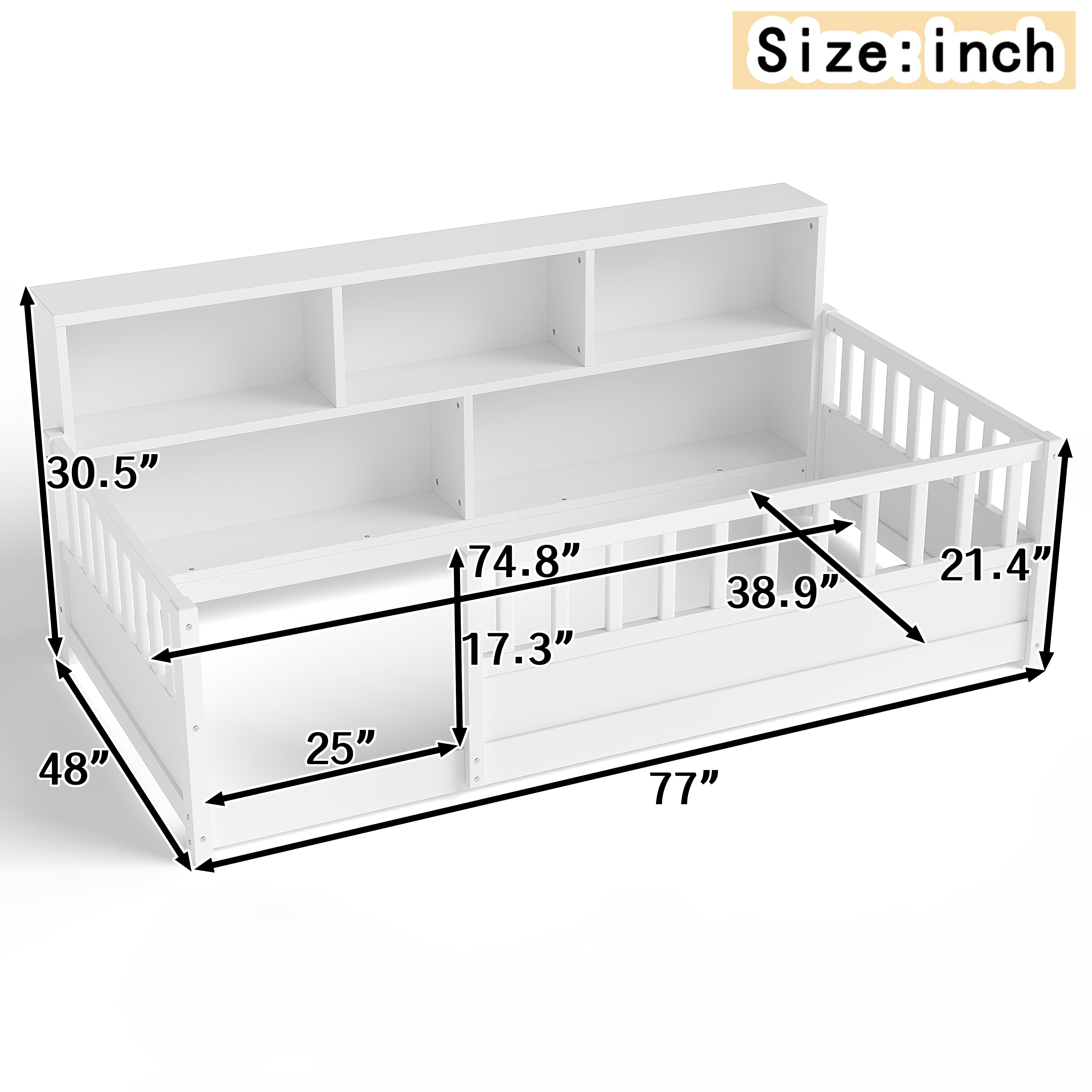 Miniyam Twin Size Wood Floor Bed with Guardrails, Storage & Bookshelf – Safe, Durable Design for Kids' Bedroom, White