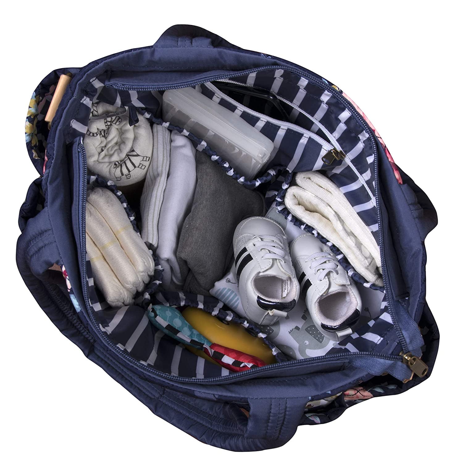Baby Essentials 3 Piece Multi-Pocket Quilted Diaper Bag Tote with Removable Luggage Strap and Matching Striped Changing Pad in Navy Blue Floral