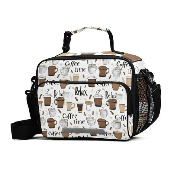 ALAZA Coffee Cups Pattern Lunch Box Insulated Cooler Bag Reusable Tote Bags Shoulder Strap