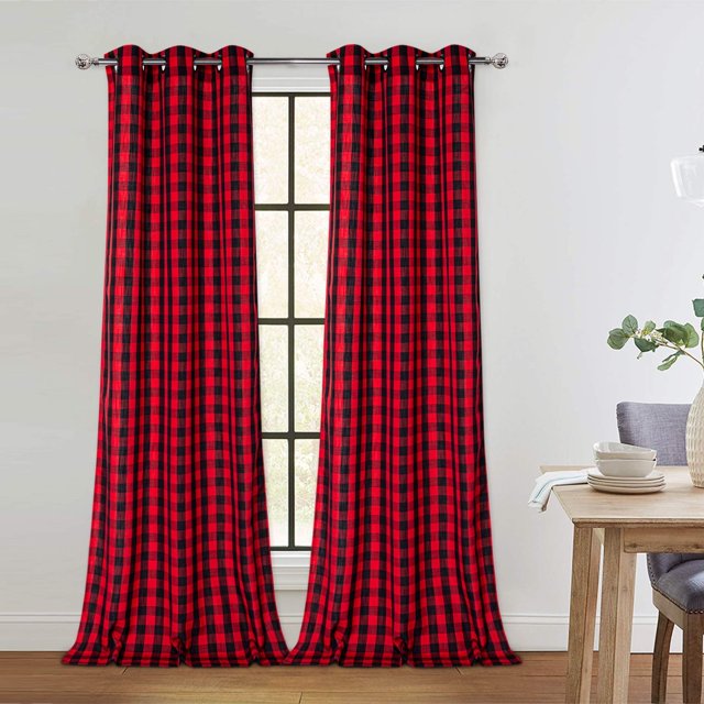 Cortinas con ojales texturizadas de cuadros escoceses en blanco y negro para cocina, sala de estar, dormitorio, estilo rústico, 94 x 137 cm, 2 paneles