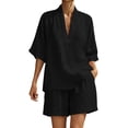 thumbnail image 2 of Women's Solid Color Short Sleeved Shirt And Shorts Solid Color V-Neck Linen Set, 2 of 8