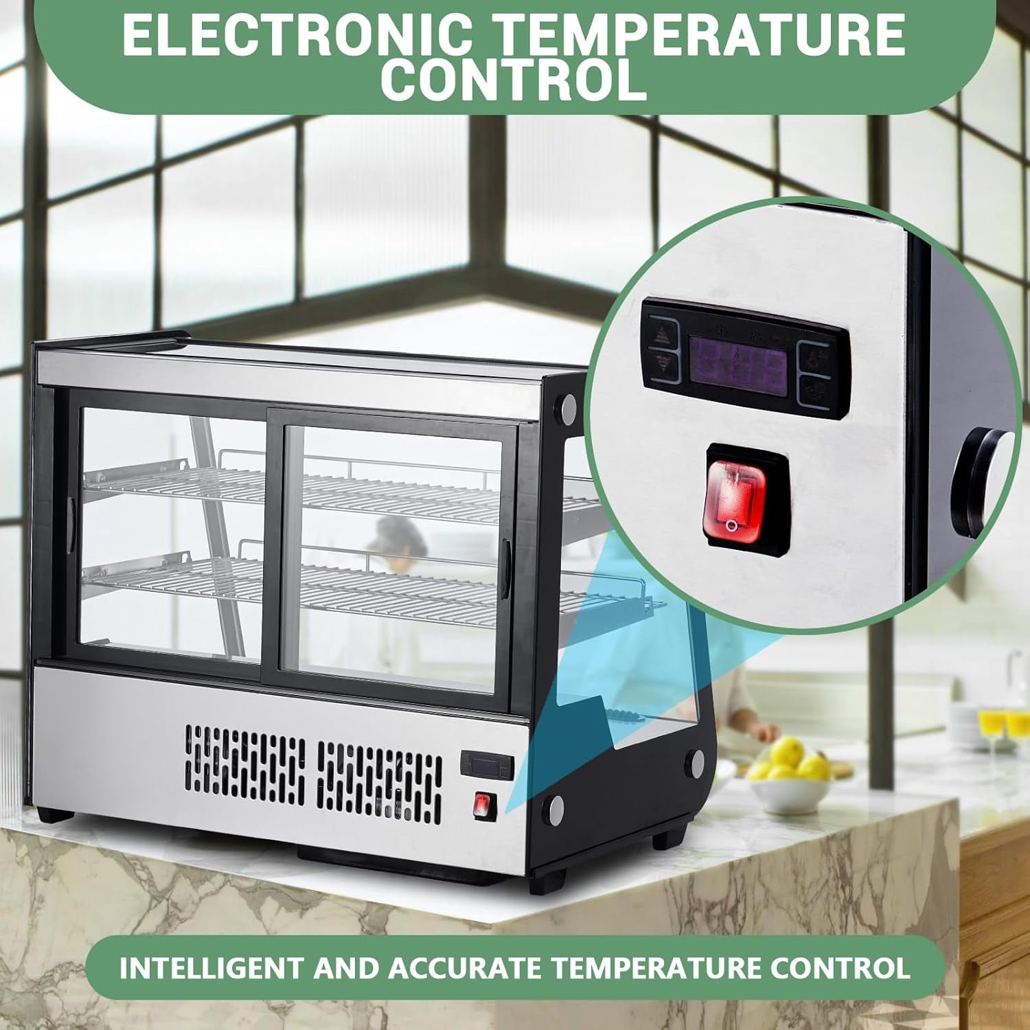 IdealHouse 5.3 Cu.Ft Commercial Countertop Refrigerators Display Case, Stainless Steel Beverage Refrigerator with LED Lighting, Auto Defrost, Adjustable Shelves, Rear Sliding Door for Restaurant