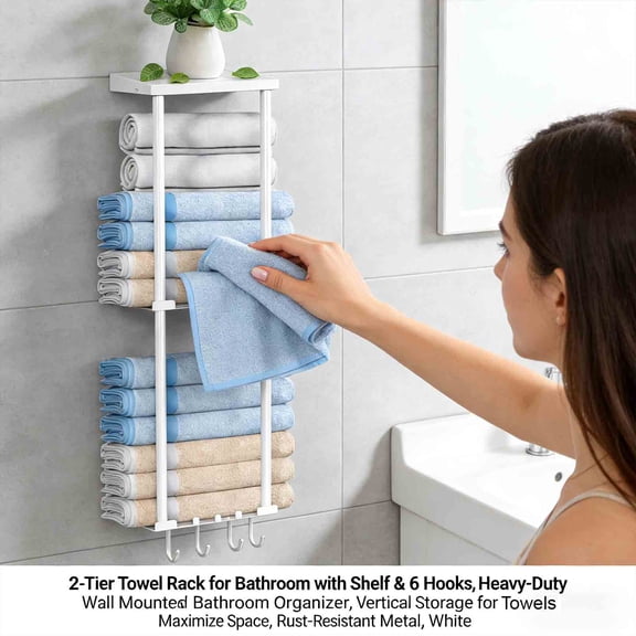 2-Tier Towel Rack for Bathroom with Shelf & 6 Hooks, Heavy-Duty Wall Mounted Bathroom Organizer, Vertical Storage for Towels, Maximize Space, Rust-Resistant Metal, White