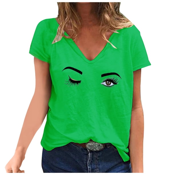 Gibobby Playeras Deportivas Camiseta casual Tops Moda de manga corta Impreso Verano Cuello en V Blusa de mujer(Verde, XXXL)