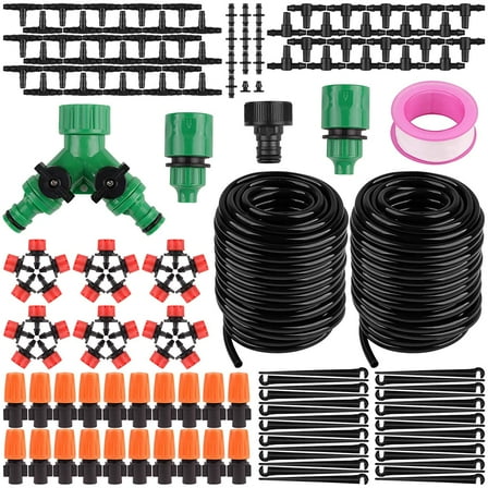HOUFIY Drip Irrigation Kit, 100ft/30M Garden Watering Automatic System - Micro DIY Irrigation Tubing Kits, Blank Distribution Hose Atomizing Nozzles Drippers for Plants Flower Bed, Patio, Lawn