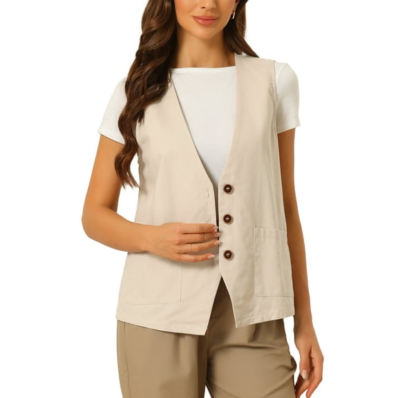 INSPIRE CHIC Button Down Vest for Women Linen Sleeveless V Neck Summer Waistcoat XS Khaki
