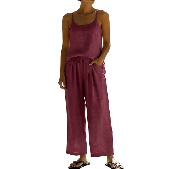 hoksml Women's 2 Piece Linen Cotton Set, Vacation Outfits for Women, Cami Top and Wide Leg Pants