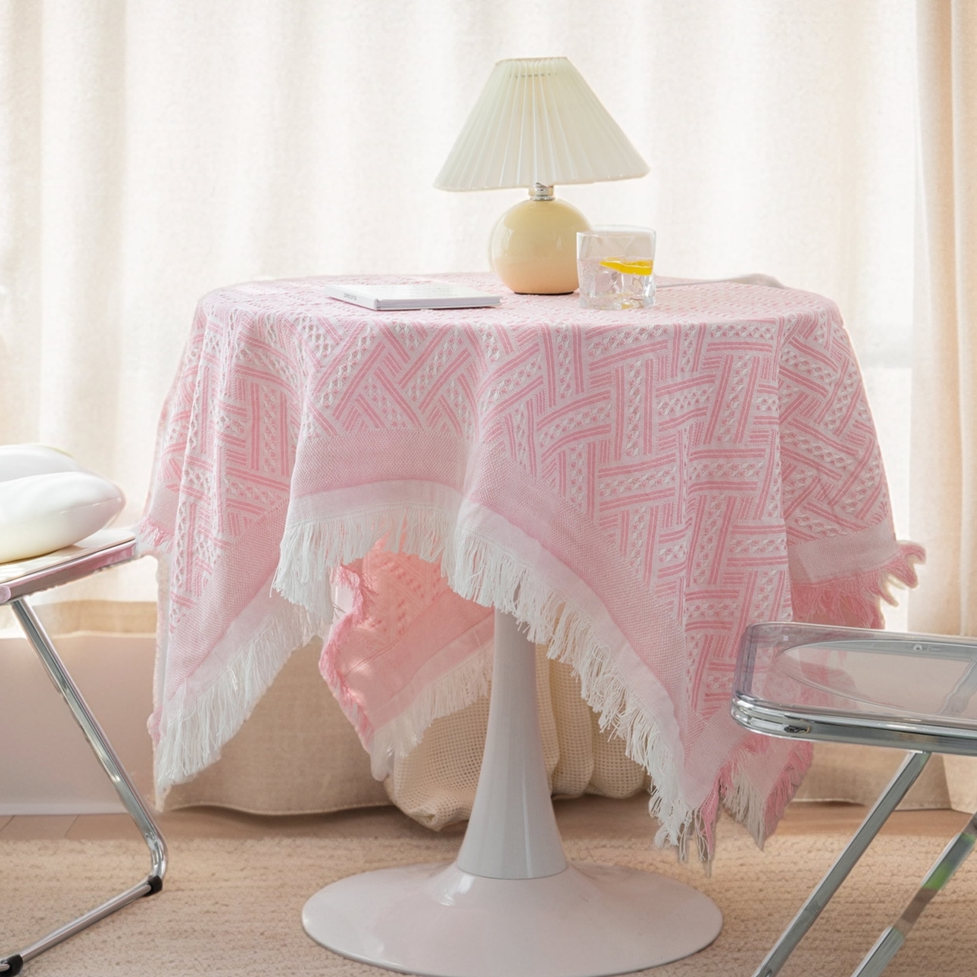 Unique Bargains Tablecloths with Tassel for Multiple Use Pink 35.4"x35.4"