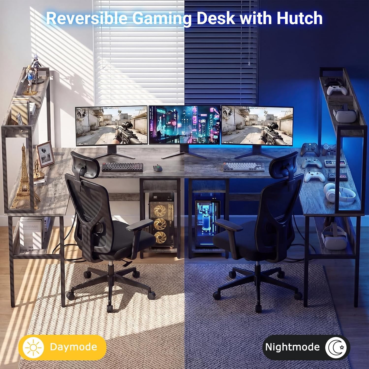 Gaming Desk L Shaped, Corner PC Computer Desk with Hutch,RGB LED Lights,Power Outlet,Storage Shelves, 47.2" Reversible Large Surface Table for Bedroom Home Office