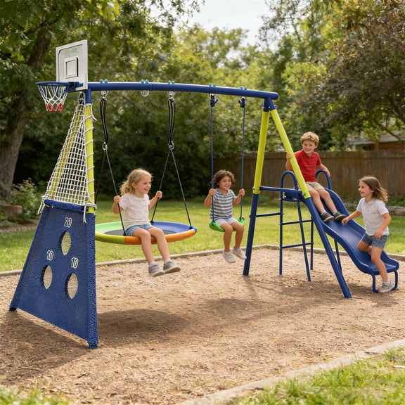 Swing Sets for Backyard with Kids Slide Outdoor Heavy-Duty Metal Playset for Kids 450lbs 5 in 1 Swing Set with Slide, Saucer Seat, Belt Seat, Soccer Goals and Basketball Hoop