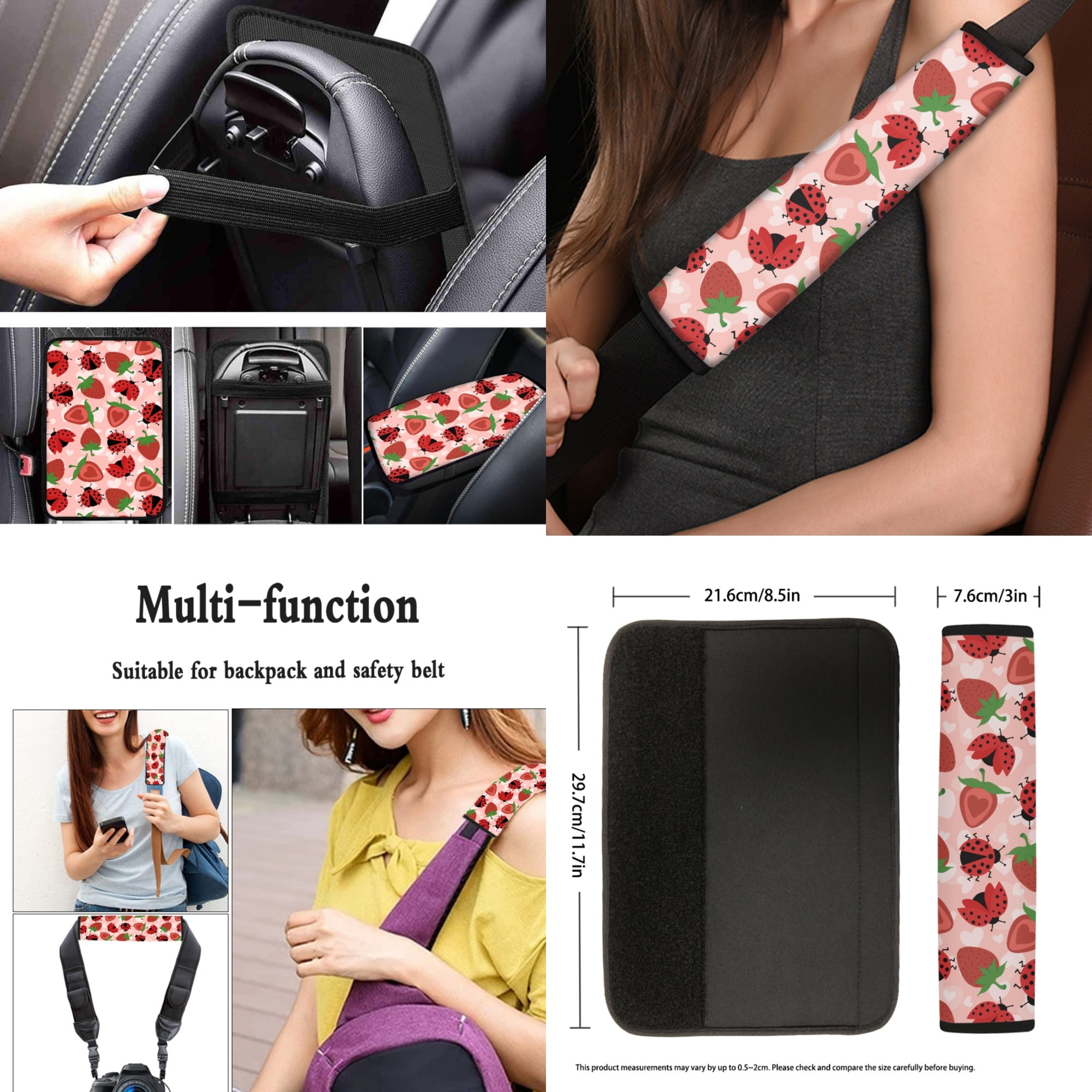 Jeiento Ladybug Car Seat Cover Set with Steering Wheel Cover Seat Belt Pads Center Console Cover Strawberry Cup Holder Keychain Pink 13 Pack Auto Accessories Set Universal Fit for Most Vehicles