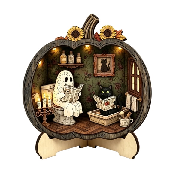 Halloween Ghost Pumpkin Wooden Puzzle Decorative Ornament, DIY Assembly for & Adults, Exquisite Home Decor for Tabletop and Party Decoration