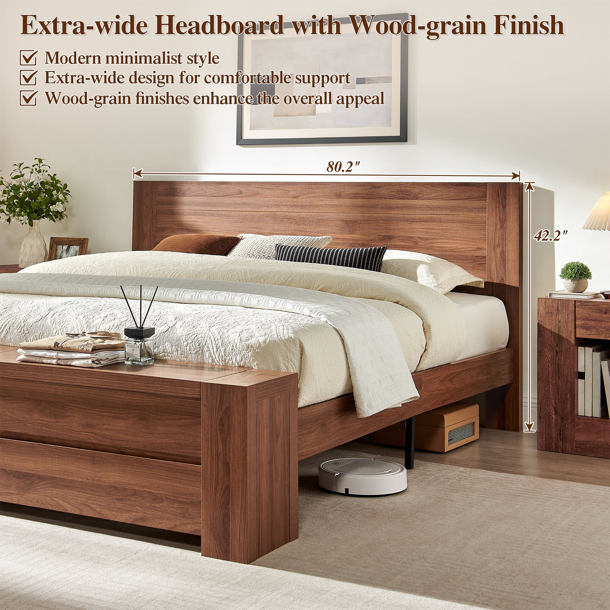 KeyWhat Modern King Size Storage Bed Frame with Panel Headboard, Footboard Storage Bench, Built-In Drawers, Lift-Up Compartments, No Box Spring Needed, Light Walnut