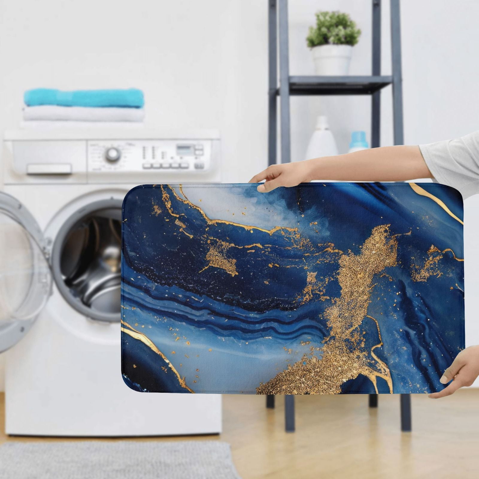 Bathroom Rugs Sets 3 Piece - Navy Blue Marble Absorbent Non Slip Bath Mats, U-Shape Toilet Lid Cover, Contour Mat, Soft Washable Shower Mats Bath Rug Mat for Bathroom Tub Toilet
