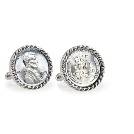 American Coin Treasures 1943 Lincoln Steel Penny Silvertone Rope Bezel Cuff Links