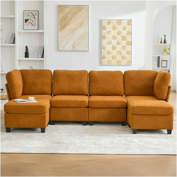 JERFIT 6-Piece Modular Sectional Sofa with Storage Ottoman, Reversible Chaise, Convertible U-Shaped Couch for Living Room, Apartment, Orange Polyester Fabric