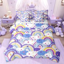 Feelyou Purple Rainbow Cloud Bedding Comforter Set 7pcs, Kawaii Stars Galaxy Sky Queen Bedding Sets, Teens Kids Boys Girls Reversible Queen Sheet Sets, Super Cozy Room Decor