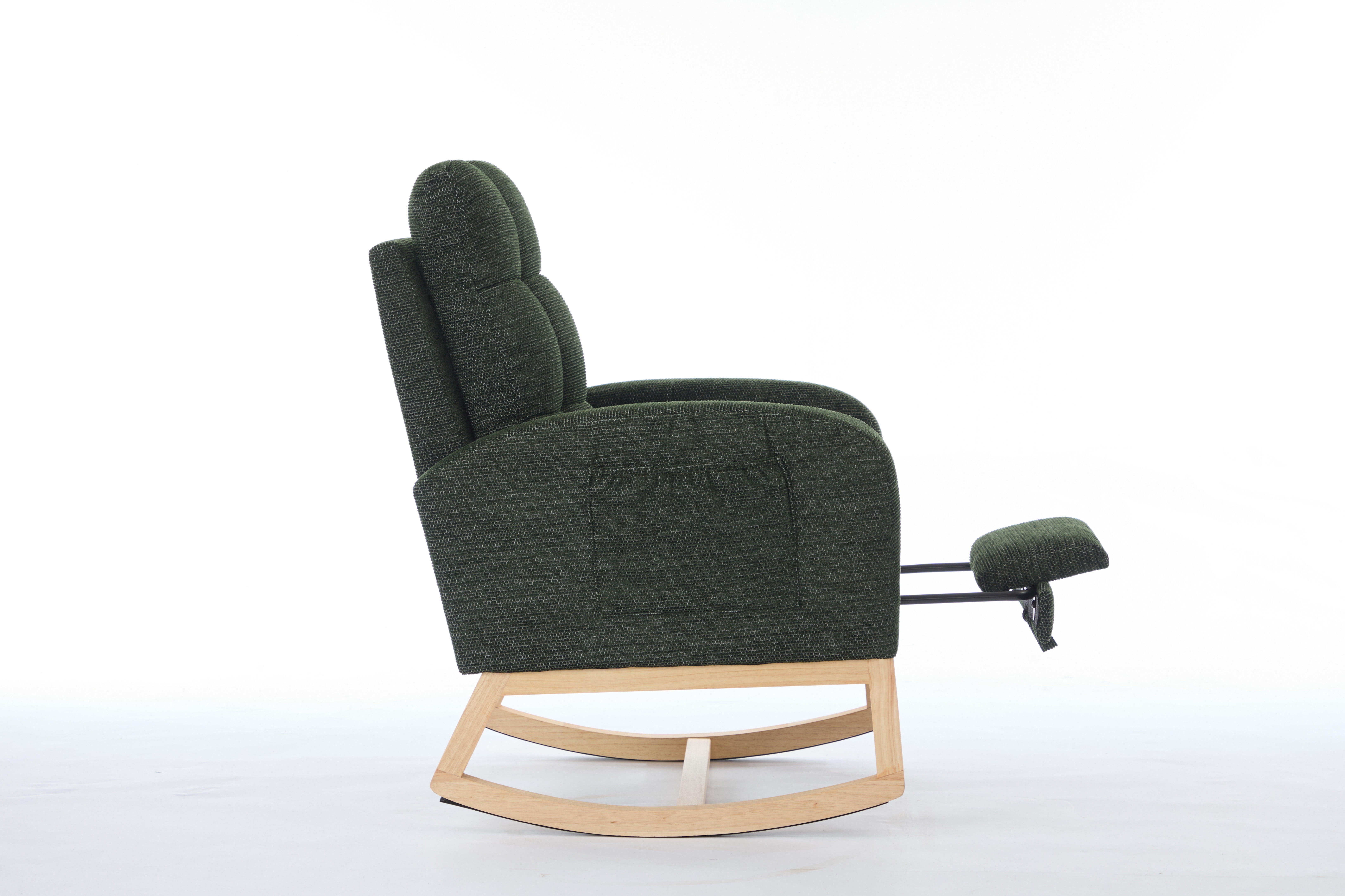 New Modern Accent Rocking Chair Rocking Chair with Solid Wood Legs, adjustable Footrest,Comfy Armchair with Side Pocket, Living Room Lounge Arm Chair with High Backrest