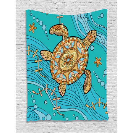 Turtle Tapestry Doodle Of Sea Turtle On Water Surface Artistic Maritime Inspirations Pattern Artwork Wall Hanging For Bedroom Living Room Dorm