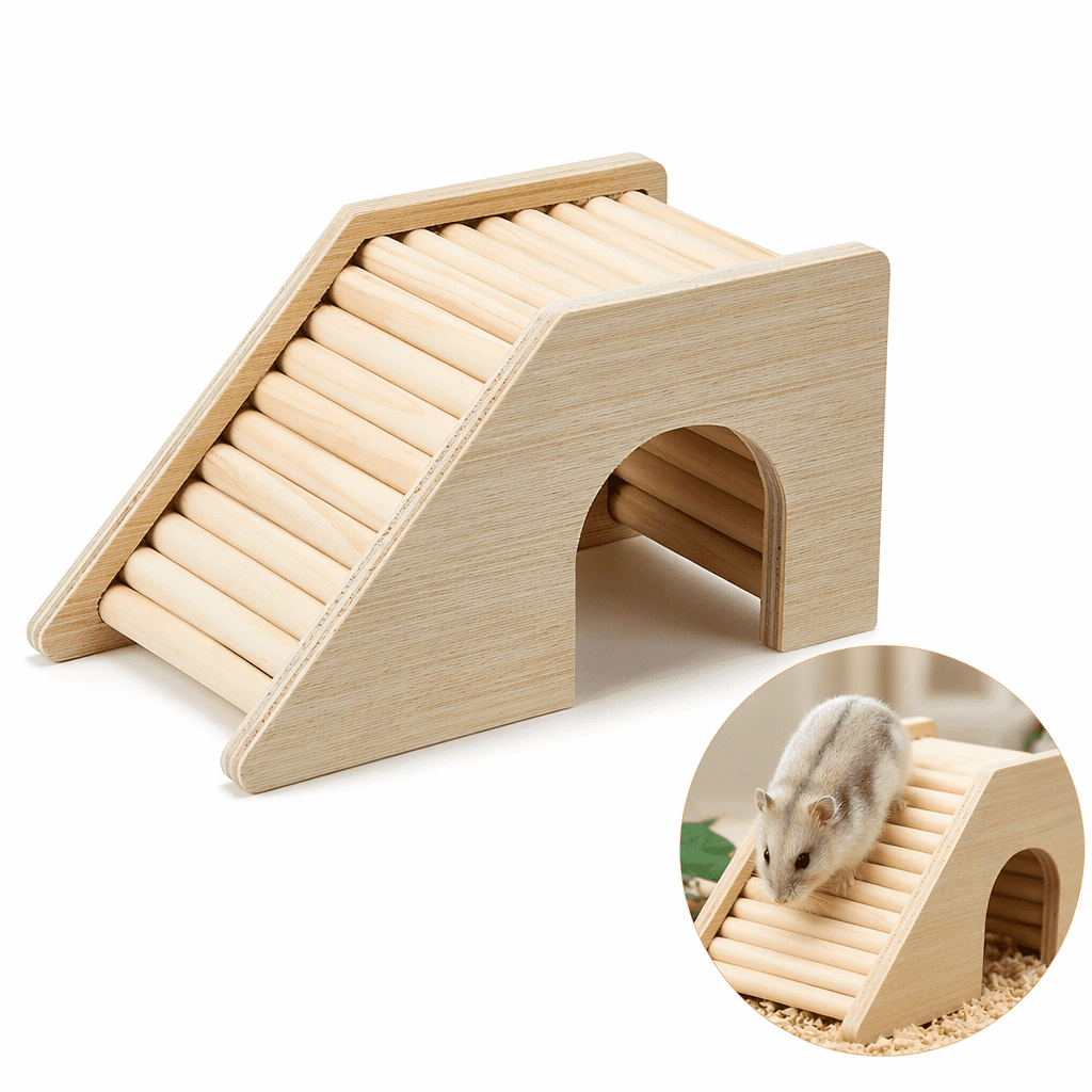 Artrylin Wooden Hermit Crab Climbing Ladder Bridge & Hideout House, Small Animal Habitat Decor Ramp Toy for Hermit Crabs, Hamsters, Gerbils & Rats, 1-Pack, Beige
