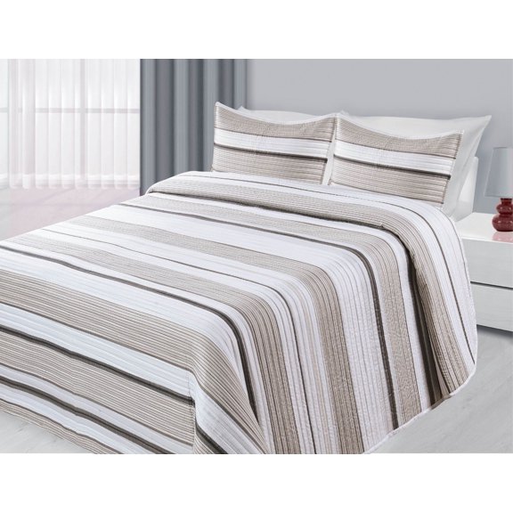 3-Piece Reversible Quilted Printed Bedspread Coverlet Brown Beige Stripe - Twin Size