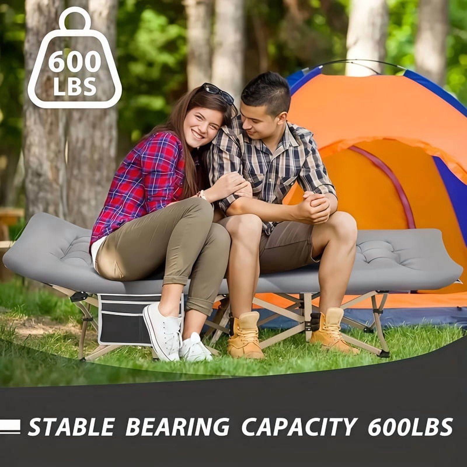 Heavy-Duty Folding Bed Frame with Adjustable Backrest, Portable Camping Cot, Indoor/Outdoor Daybed with Removable Pad