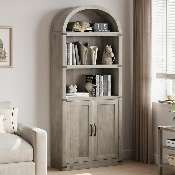 Bookcase 5 Shelf Arched Bookshelf with DoorsTall Bookcase Farmhouse Display Storage Rack Wooden Bookshelves for Home Office