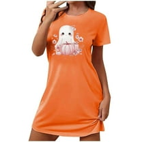 Sakmal Pajama Dress for Women Halloween Cute House Dress Orange Short Sleeve Ghost and Pumpkin Print Nightgowns