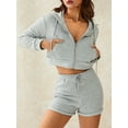 thumbnail image 6 of Seyurigaoka Women 2 Pcs Pants Suit Plain Long Sleeve Hooded Zip-Up Crop Jacket + High Rise Drawstrings Short Pants Ladies Casual Streetwears, 6 of 9