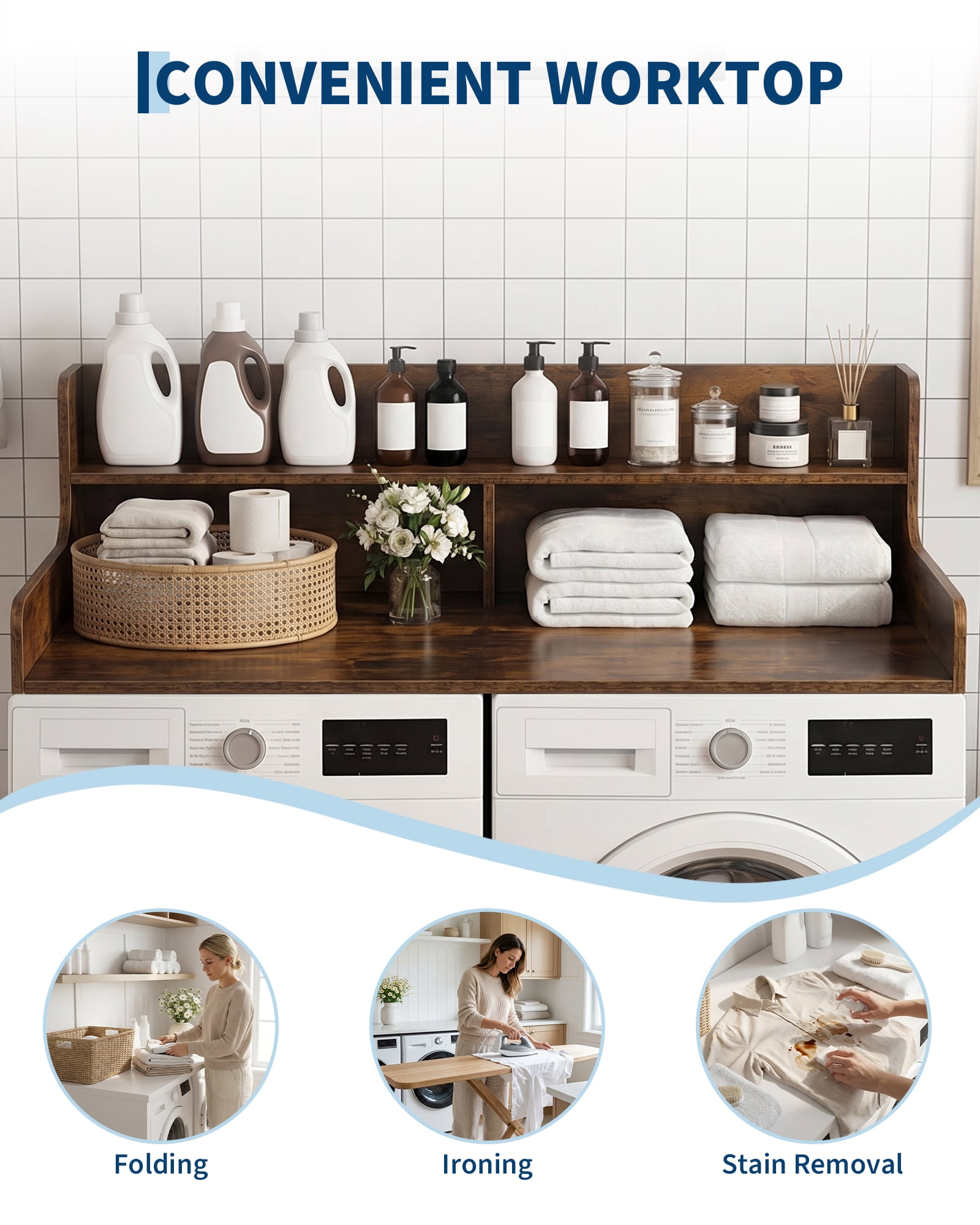 Garvee Laundry Shelf Over Washer and Dryer 54" x 27.5", Heavy Duty Wooden Countertop Topper with 12" Fences, Farmhouse Decor Organizer Table for Laundry Room - Walnut Finish