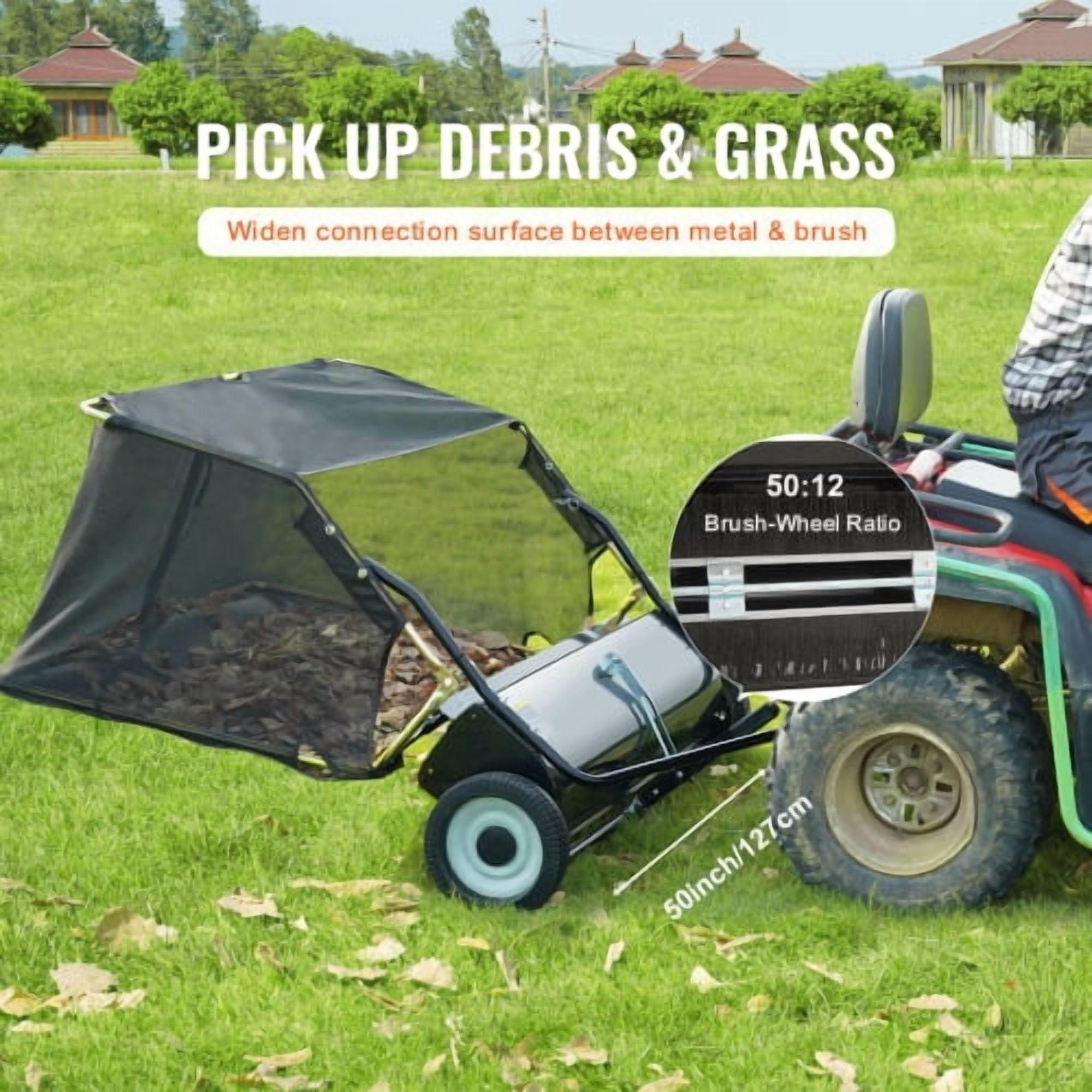 Foldable Tow Behind Lawn Sweeper, Adjustable Brush Height Leaf Grass Collector with 26 Cu.Ft Non-Woven Hopper Bag