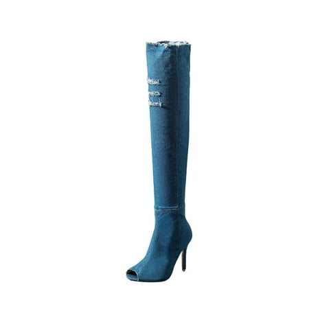 

jsaierl Fish Mouth Cow Carefully Heel Over The Knee Boots Stovepipe Stretch Sandals