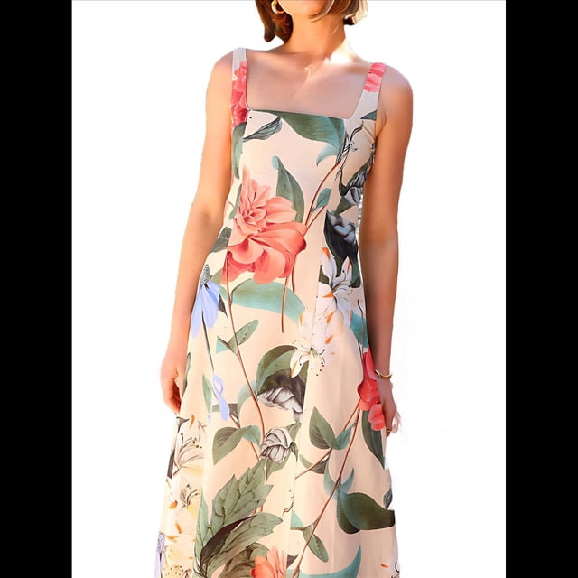 Vestido Fluido Sin Mangas con Cuello Cuadrado y Estampado Floral para Mujer. Vestido Maxi de Corte A. y Rojo M