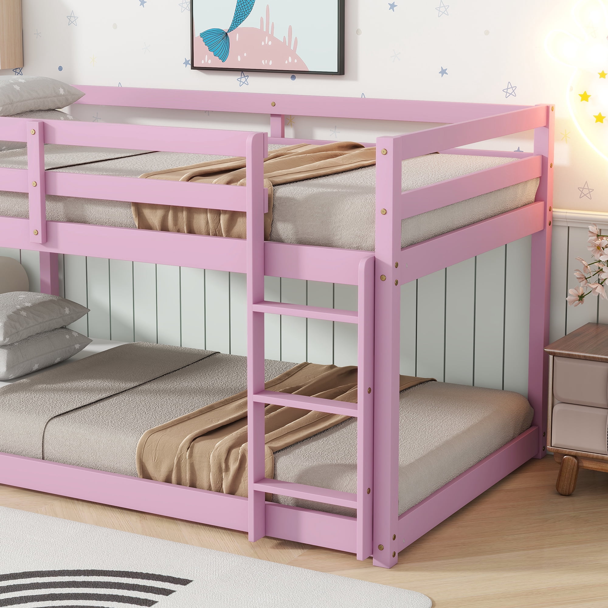 Alvantor Twin Over Twin Bunk Bed, Solid Rubber Wood Low Floor Bunk with Ladder, Pink