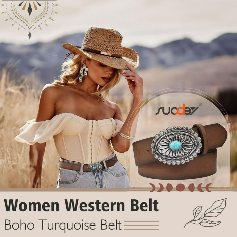Western Leather Belt With Turquoise Buckle - Vintage Medieval Style For Women & Men (Fits Waist 30-35")