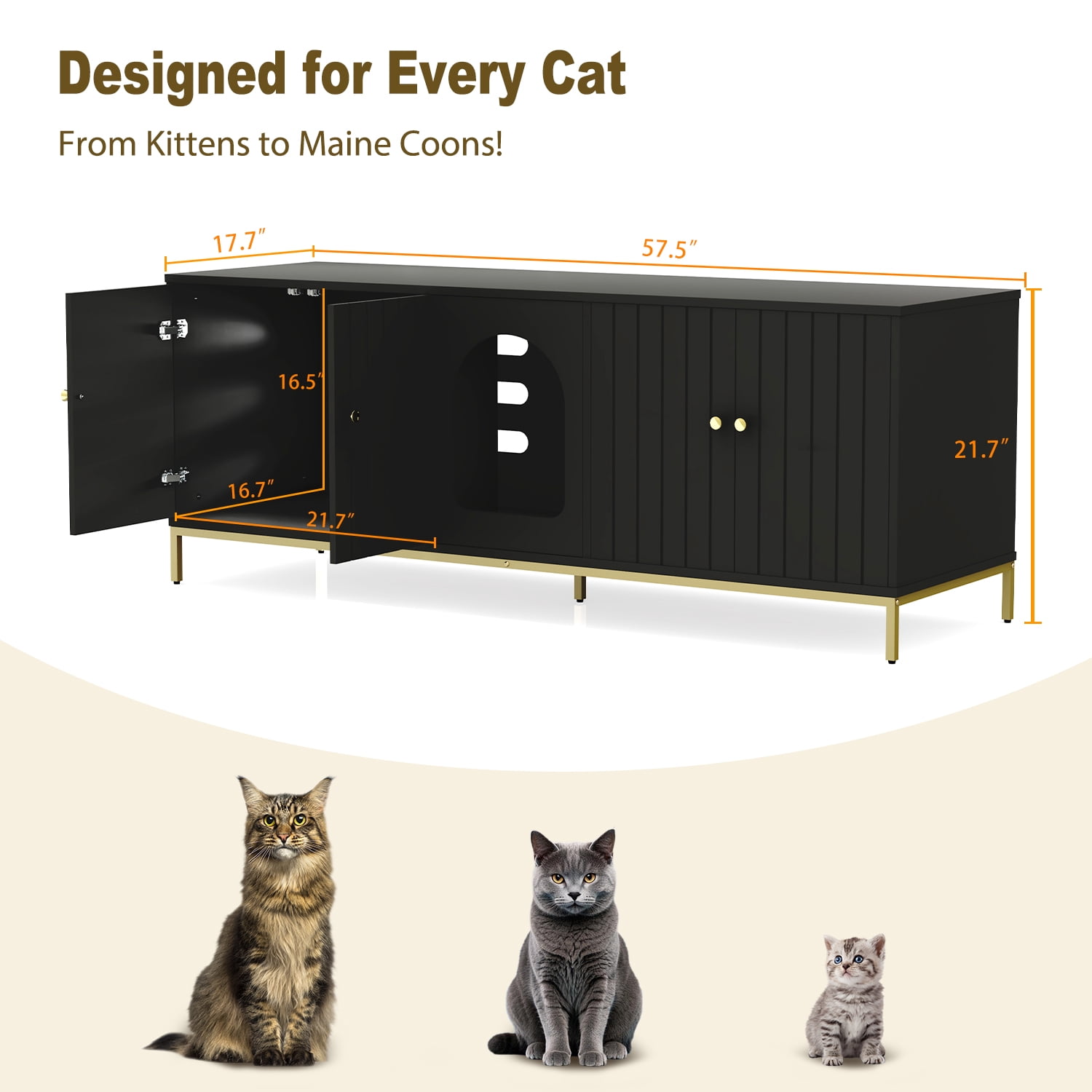 Cat Litter Box Enclosure for 2 Cats, Litter Box Furniture with Double Room, Central Entry, and Dual Use as TV Stand for Living Room, Black (Elevated Version)