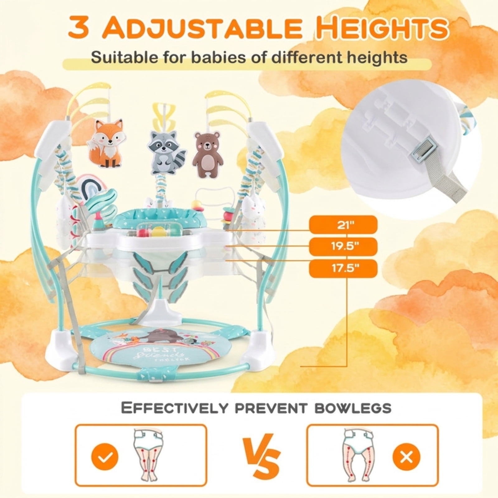 SUGIFT Height Adjustable Bouncer Activity Center Saucer with 360 Degree Rotating Seat, Interactive Toys, Music Tray and Removable Foot Pad for Nursery Play, Blue