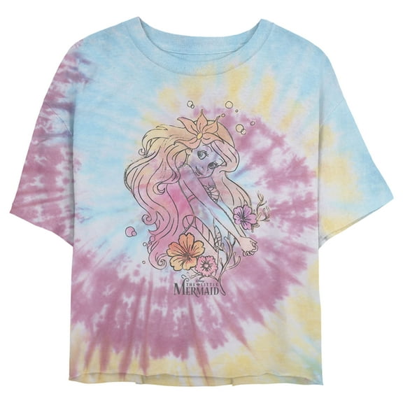Junior's The Little Mermaid Watercolor Wish Crop Graphic Tee Tie Dye Large