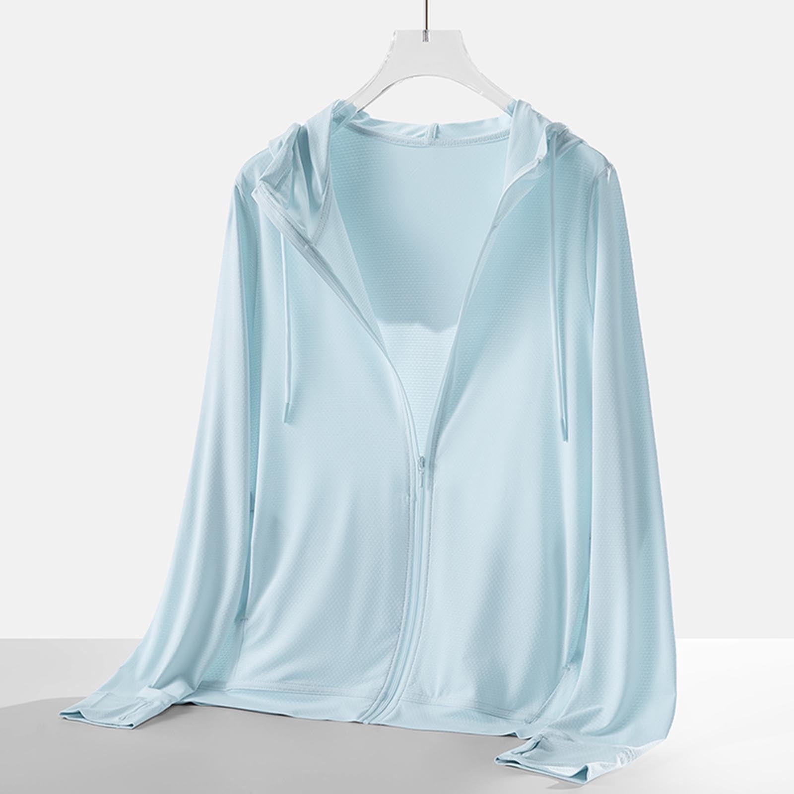 Hvot&aat Women's Sun Protective Ice Silk Long Sleeve Tops Casual Solid Sports Hooded Breathable Lightweight Zipper Jacket