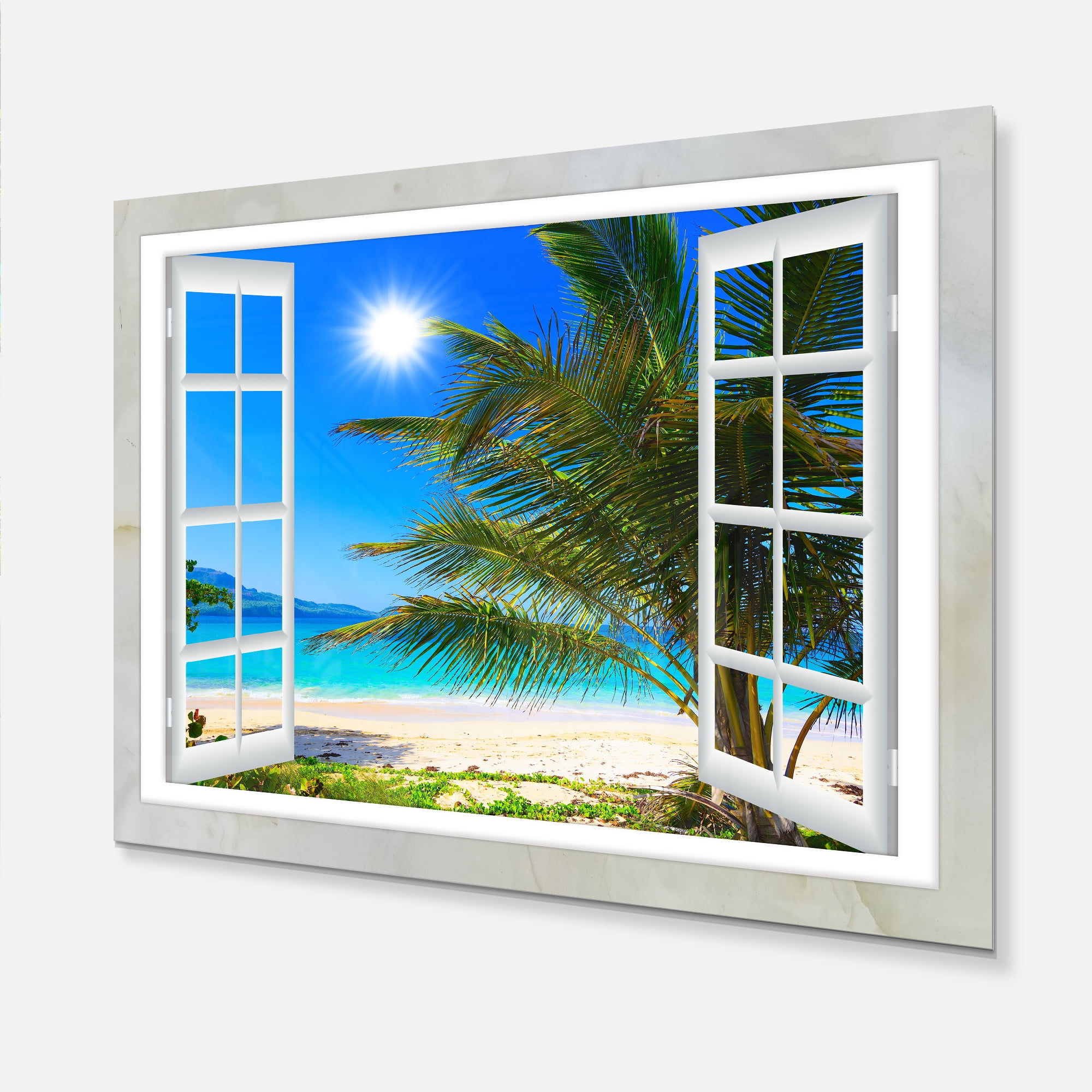 Designart 'Window Open to Beach with Palm' Metal Wall Art