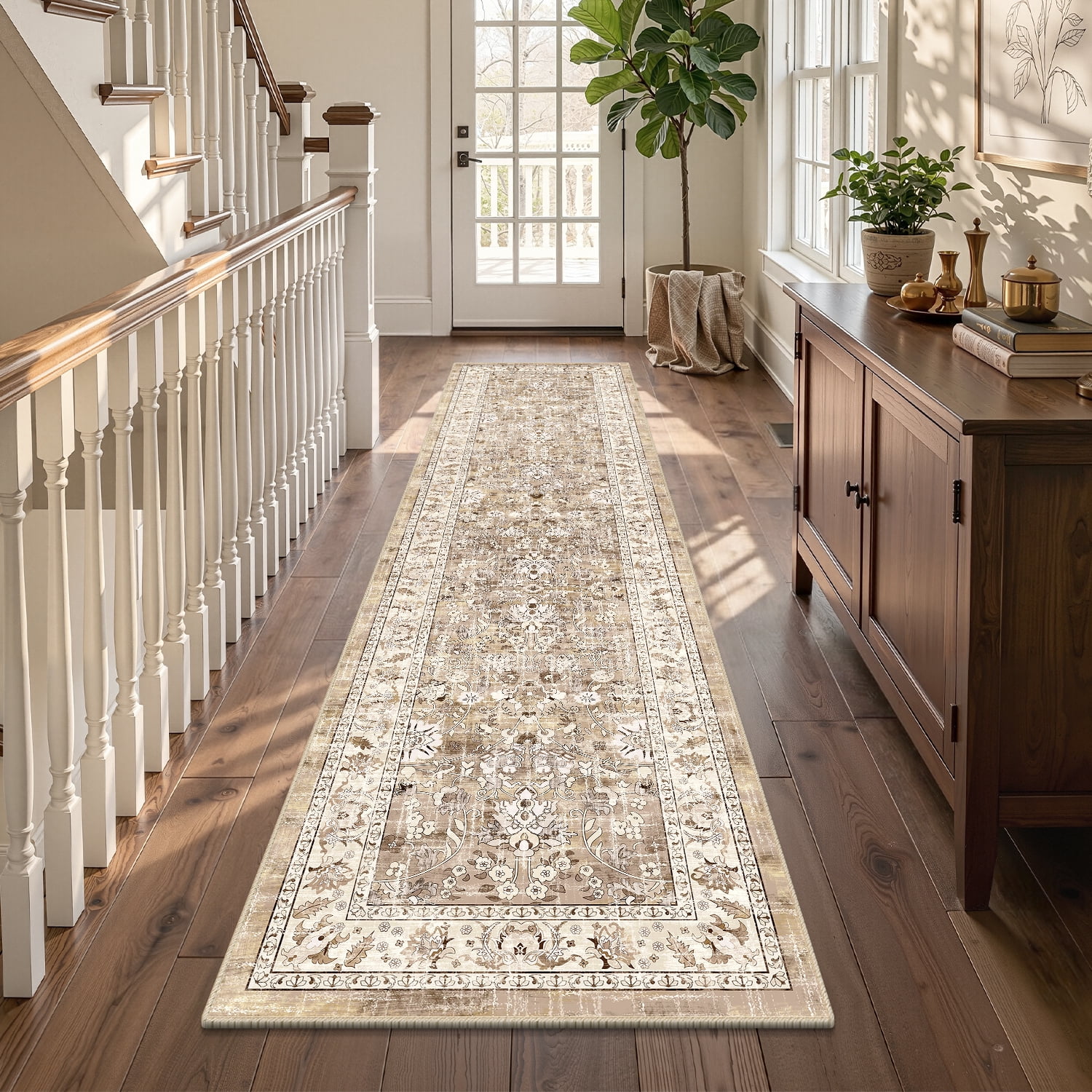 MJIAexp 2'x8' Boho Floral Kitchen Runner Rug Machine Washable Runner Rug Non-Slip Rubberback Hallway Runner Laundry Rug Throw Carpet for Living Room Bedroom Dining Room Entryway Kitchen Beige