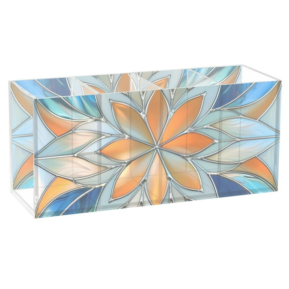 Orange Blue Floral Stained Glass Acrylic Pencil Pen Holder Cup 4 Compartments Desktop Organiser 7.87"x2.78"x3.54"