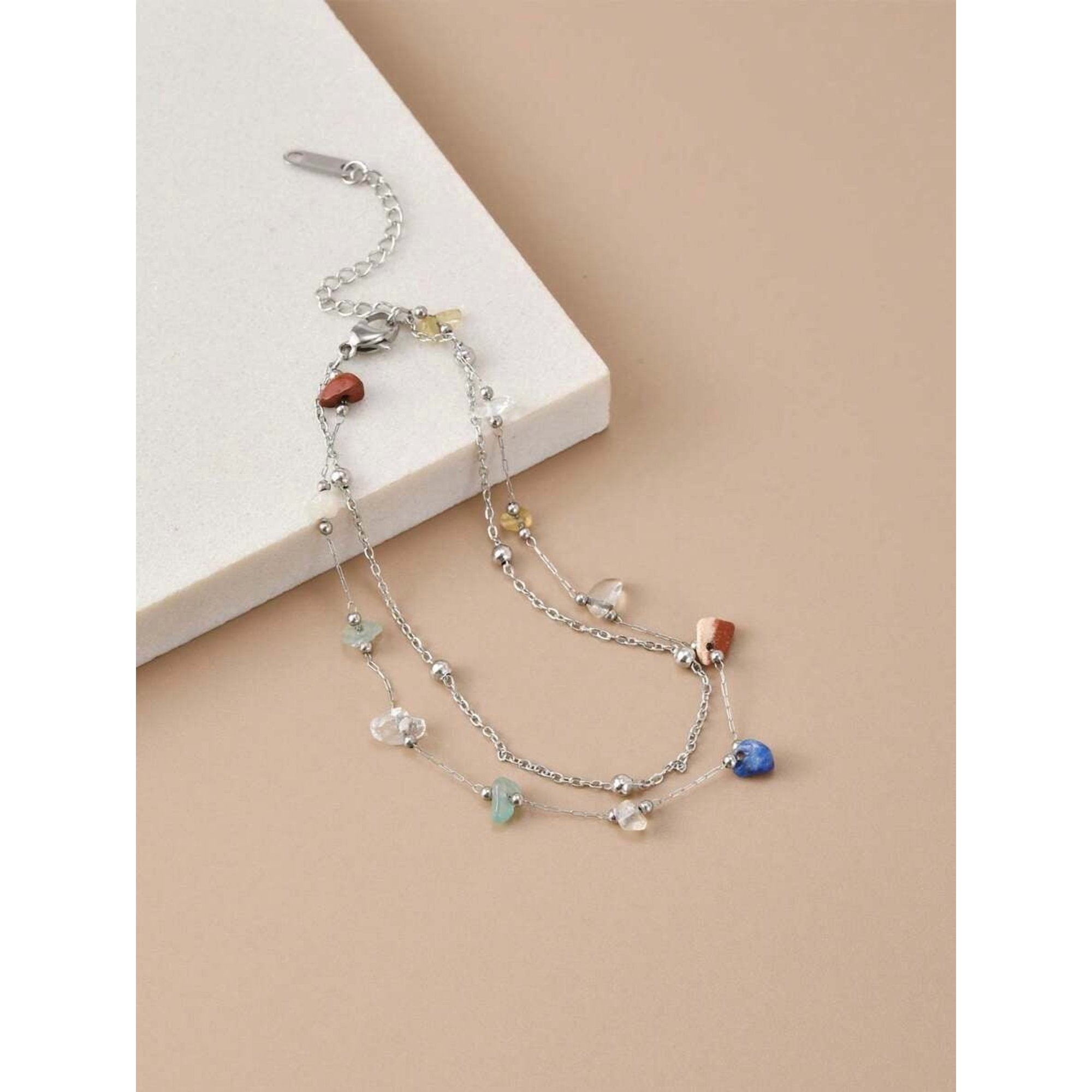 Double Strand Multicolor Natural Stone Anklet in Silvertone Stainless Steel