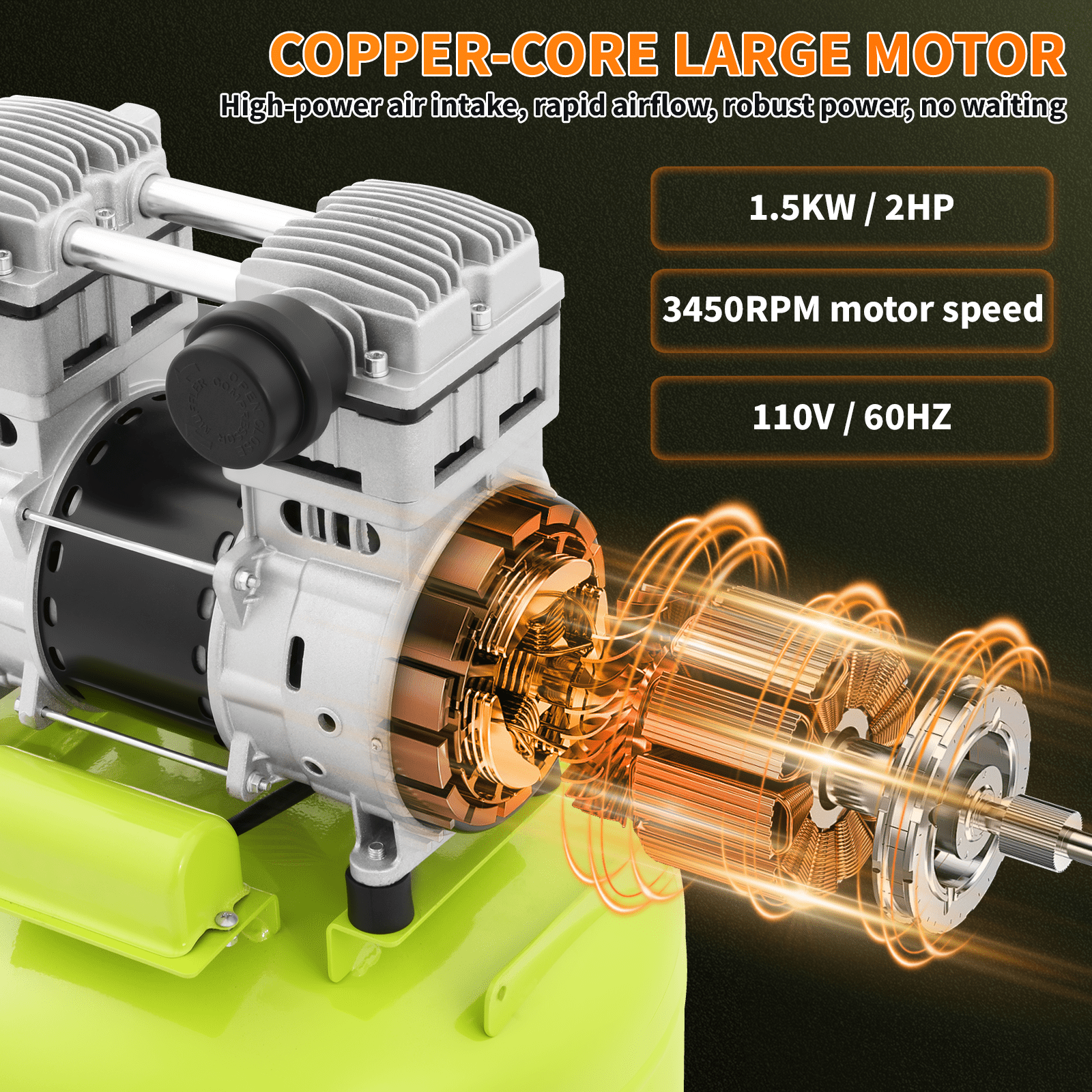 13 Gallon Air Compressor,2HP 4.2SCFM @90PSI Ultra Quiet and Oil-Free Air Compressor,115PSI Max Pressure,51 dBA Noise Level,Oil Free Compressor Tank for Auto Repair, Tire Inflation, Spray Painting