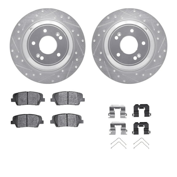 Dynamic Friction Company Rear Brake Rotors-Drilled and Slotted-Silver with 5000 Advanced Brake Pads includes Hardware 7512-21050